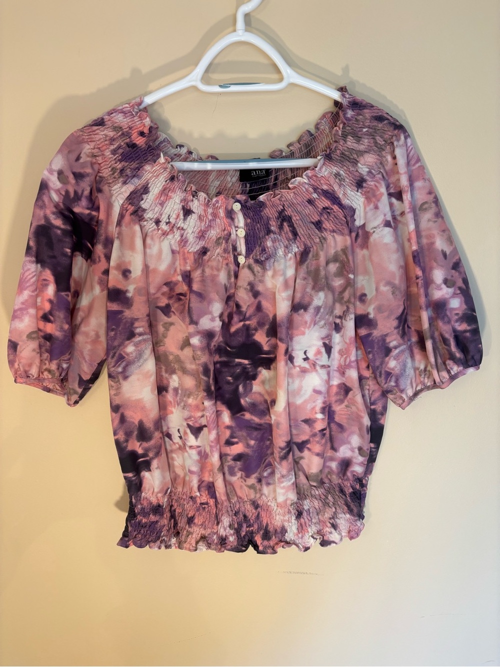 a.n.a Pink and Purple Tie-Dye Smocked Peasant Blouse